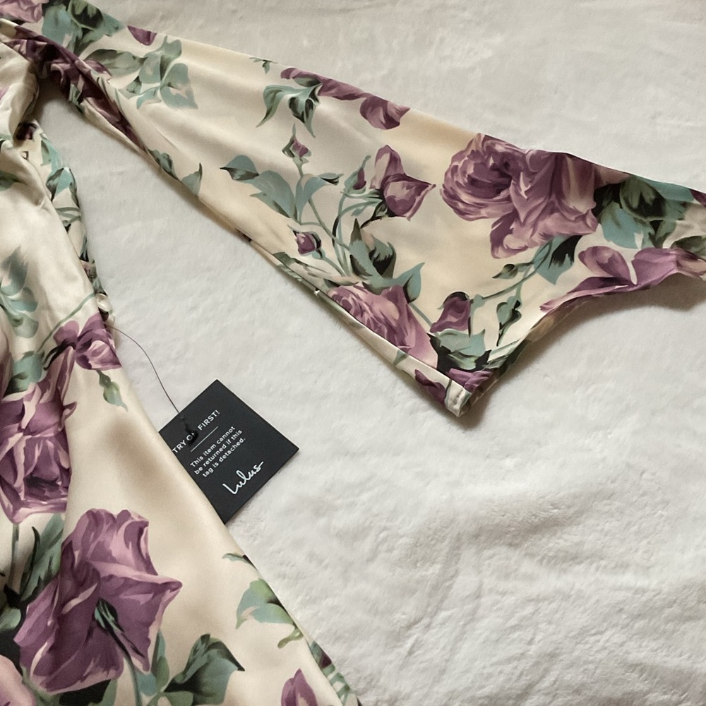 Lulus Sweet RSVP Cream Floral Satin Backless Long Sleeve Mini Dress, Medium - Picture 6 of 10